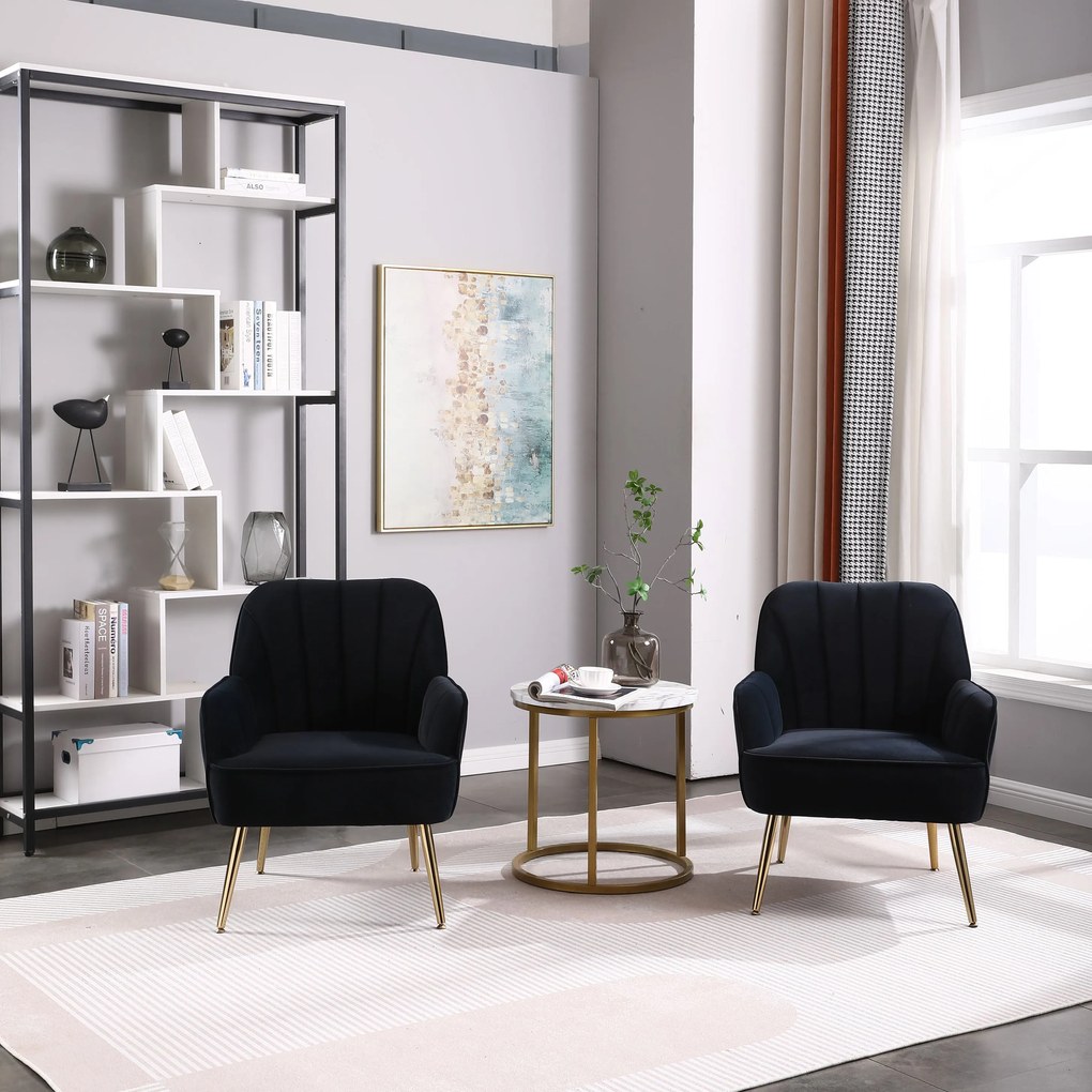 Set de 2 fotolii de living din catifea, Design ergonomic, Negru