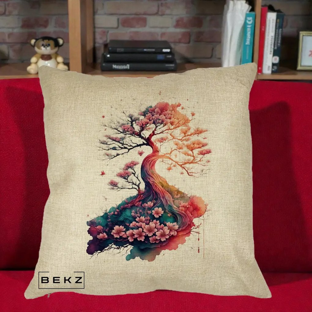 Perna Decorativa Copac Sakura Acuarela Fantasy, 40x40 cm, Crem, Husa Detasabila, Perna Inclusa, BEKZ®