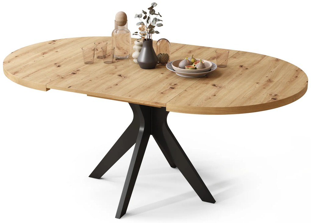 Mazzoni RENZO Stejar Artisan/picior negru - MASĂ ROTUNDĂ Ø110 EXTENSIBILĂ PÂNĂ LA 180 cm | PENTRU BUCĂTĂRIE SUFRAGERIE LIVING RETRO