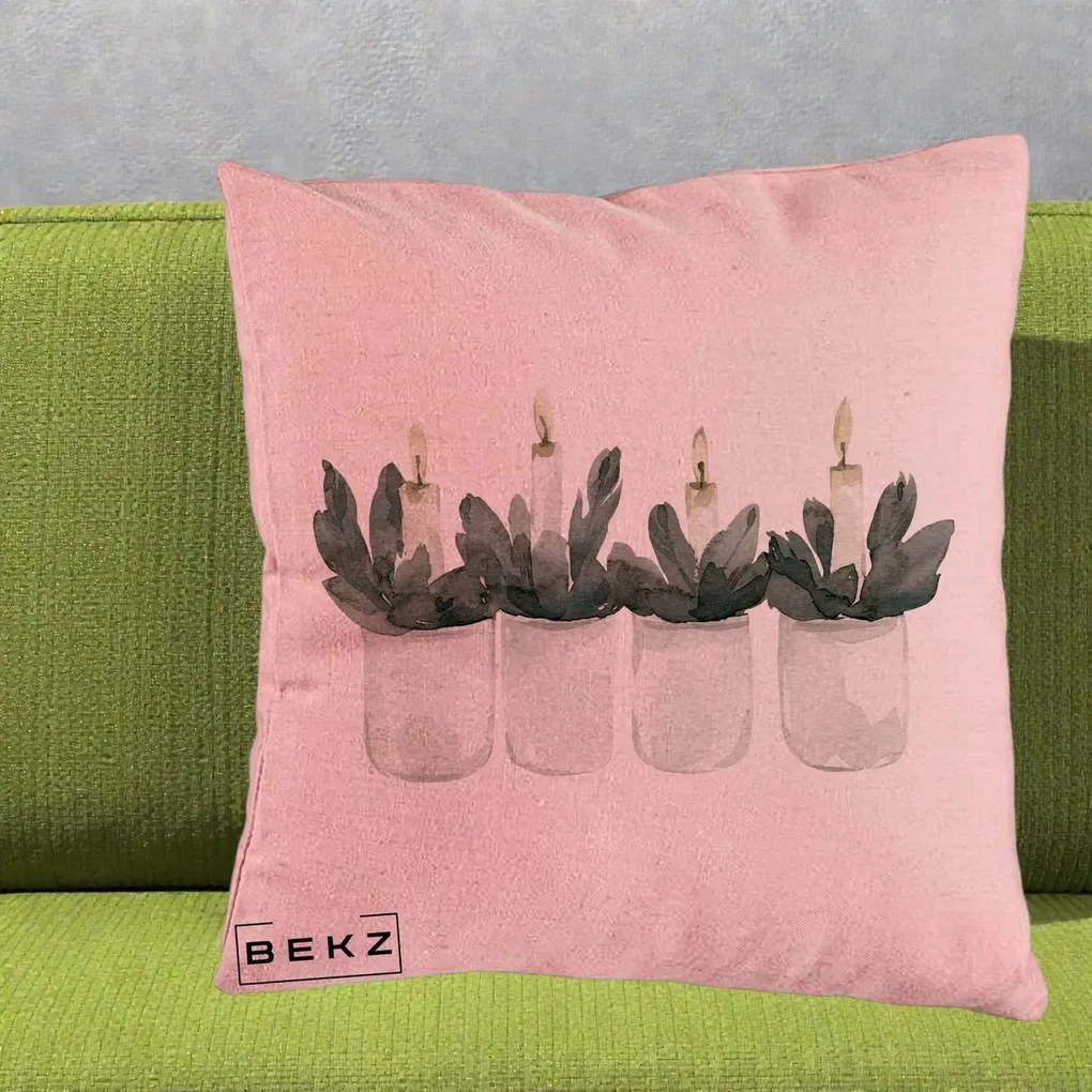 Perna Decorativa Lumanari Advent in Borcane, 40x40 cm, Roz, Husa Detasabila, Perna Inclusa, BEKZ®