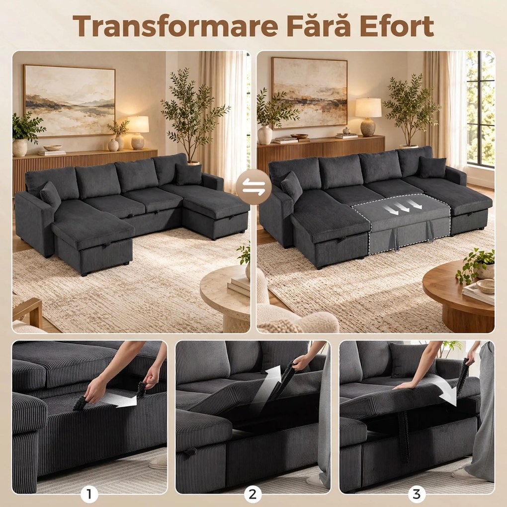 HOMCOM Canapea Extensibilă de Colț 282 cm, cu 2 Șezlonguri cu Depozitare, Gri Închis | Aosom Romania