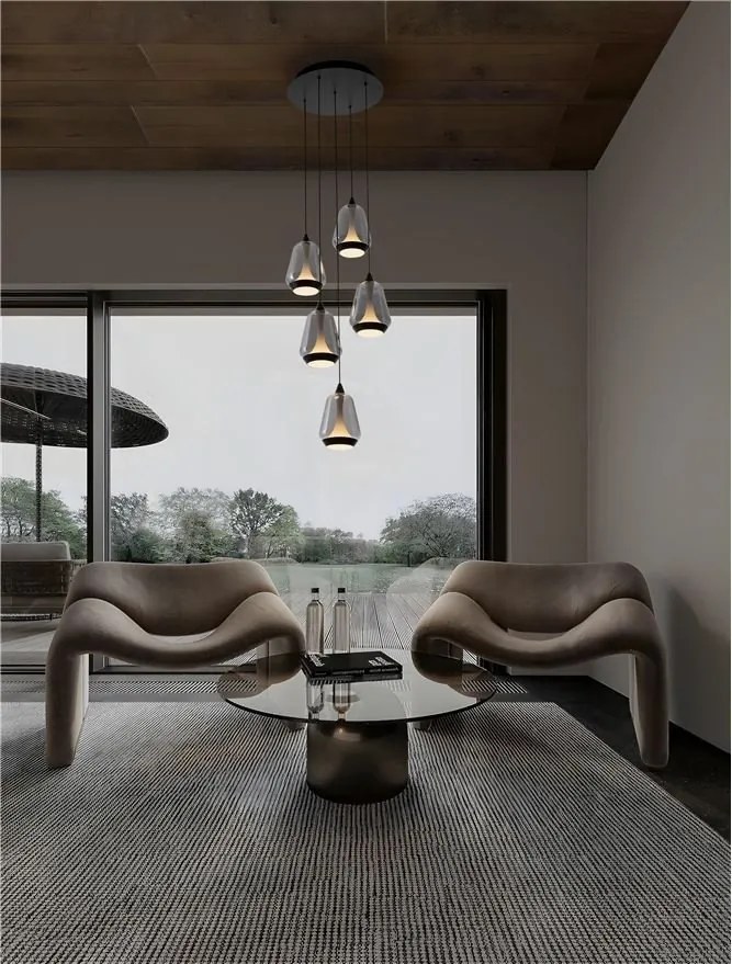 Lustra moderna cu 5 pendule LED, Metal, Sticla, Fumuriu, ALISH