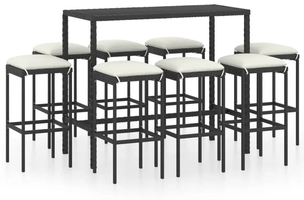 3064826 vidaXL Set mobilier bar de grădină cu perne, 9 piese, negru, poliratan