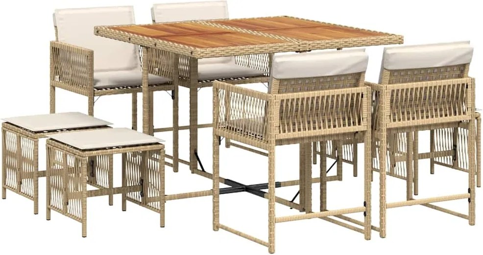 vidaXL Set de masă pentru grădină, 9 piese, cu perne, bej, poliratan