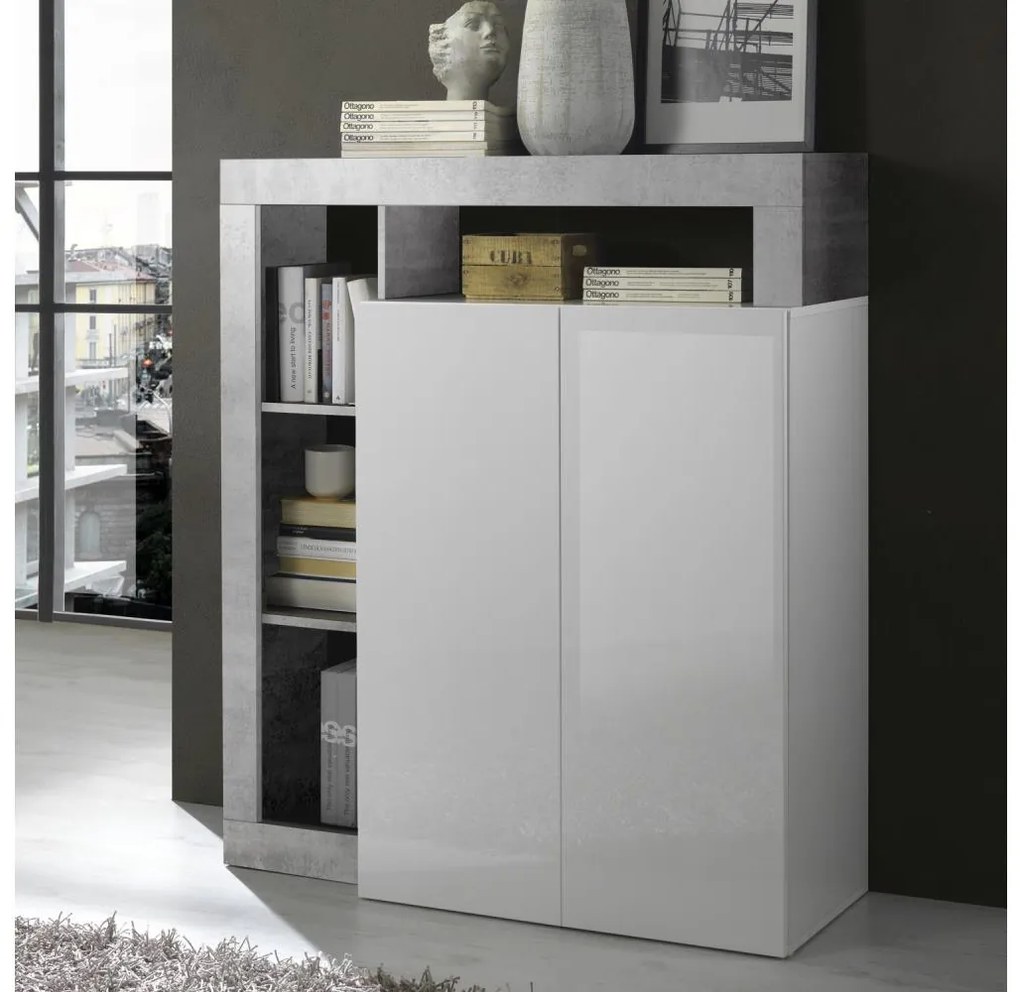 Comodă LENOR, alb/gri, finisaj beton