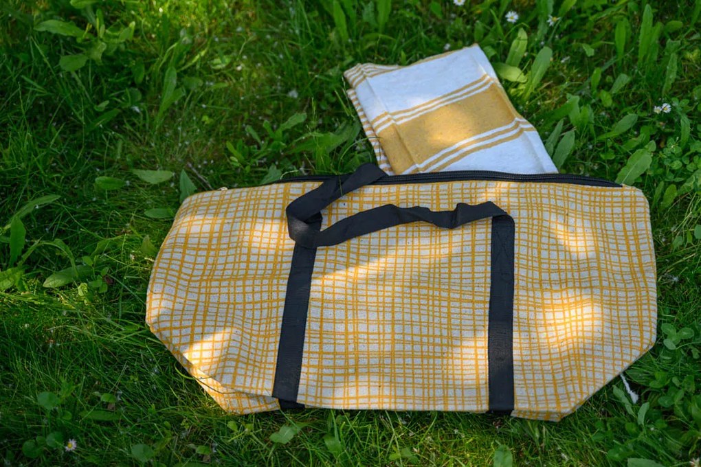 Set stilat geanta de plaja + prosop HAMAM 75x150 cm, galben ocru, 100% bumbac organic