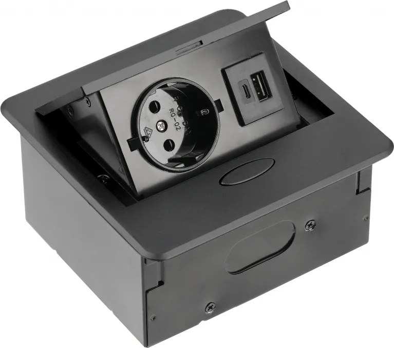 Priză încorporabilă în blat Avaro GTV, 1 priză Schuko, USB A + C, negru Aluminiu/ plastic, Negru