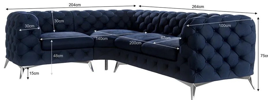 Colțar albastru închis cu tapițerie din catifea (cu colț pe partea stângă/în formă de ”L”) Chelsea – Ropez