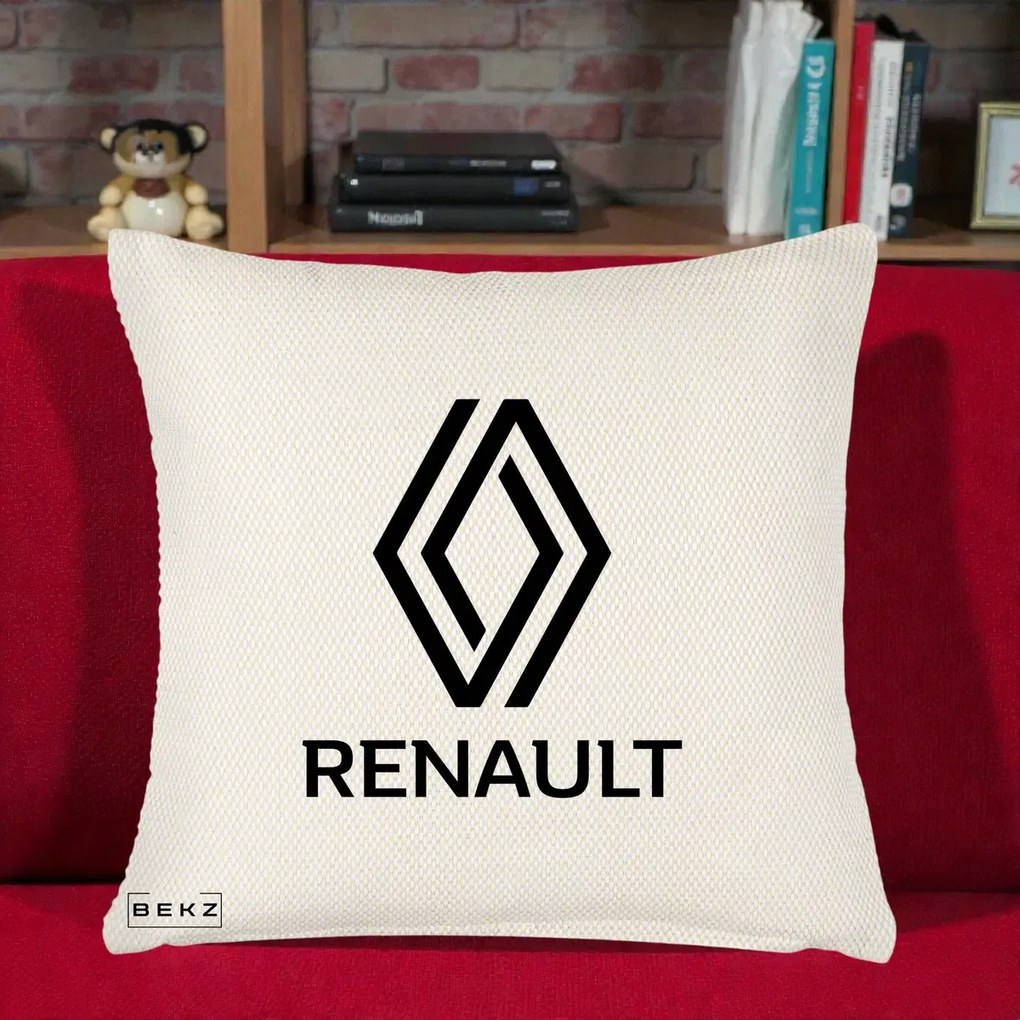 Perna Personalizata cu emblema Renault, 40x40 cm, Crem Reliefat, Husa Detasabila, Perna Inclusa, BEKZ®
