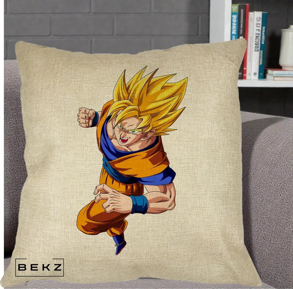 Perna Personalizata Dragon Ball Goku Super Saiyan 2 Lupta, 40x40 cm, Crem, Husa Detasabila, Perna Inclusa, BEKZ®