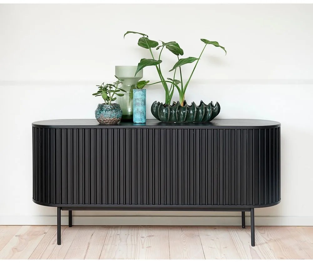 Comodă neagră joasă cu aspect de lemn de stejar cu ușă glisantă 73x160 cm Siena – Unique Furniture