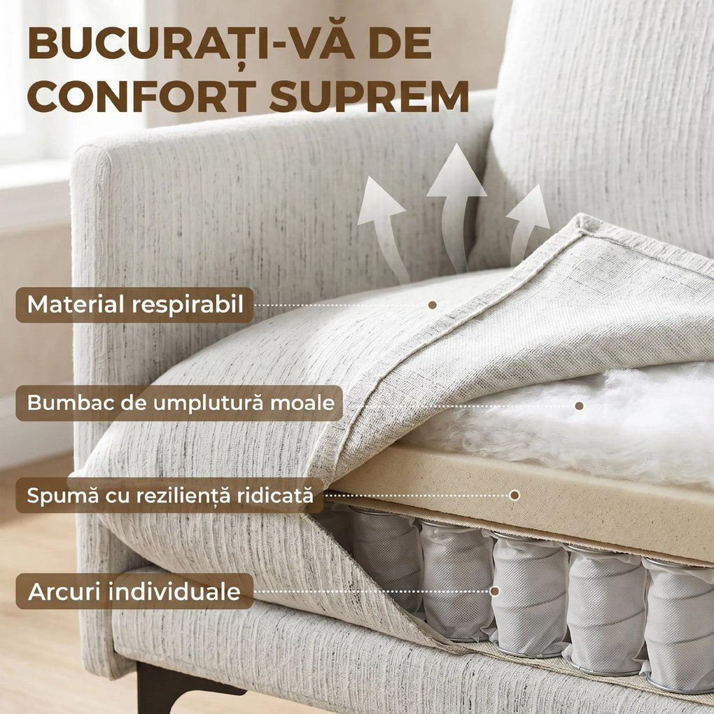 HOMCOM Fotoliu Living Tapițat din Țesătură cu Efect de In cu Brațe, Pernă Lombară și Șezut Generos, Alb | Aosom Romania