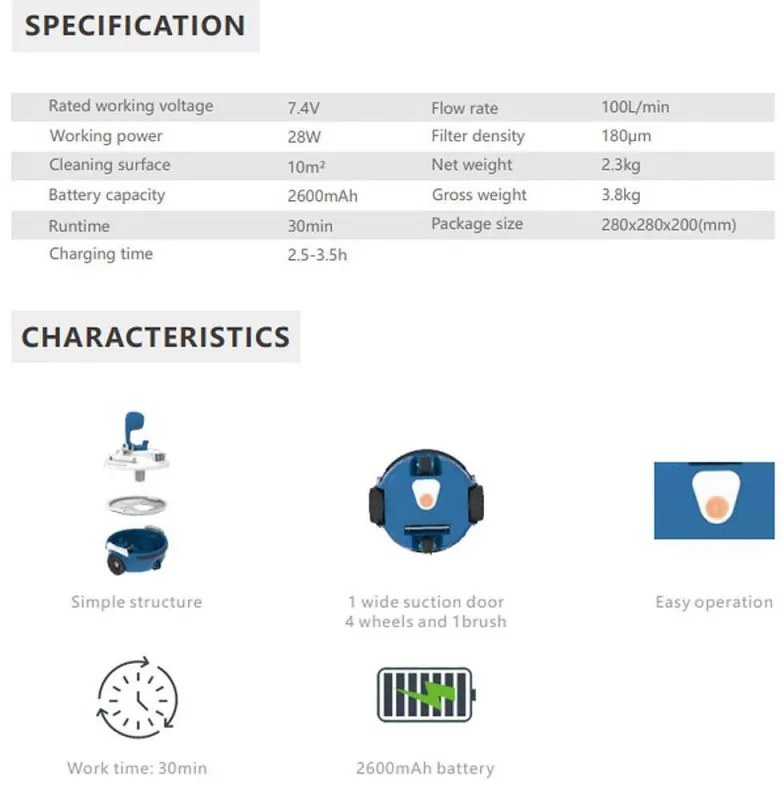 Robot de curatare piscine fara fir Wybot SPA 10, 2600 mAh, 28 W, Pentru pana la 10 m², 4 roti, Autonomie 30 min., Albastru