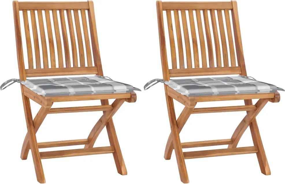 vidaXL Scaune grădină, perne gri model carouri, 2 buc., lemn masiv tec