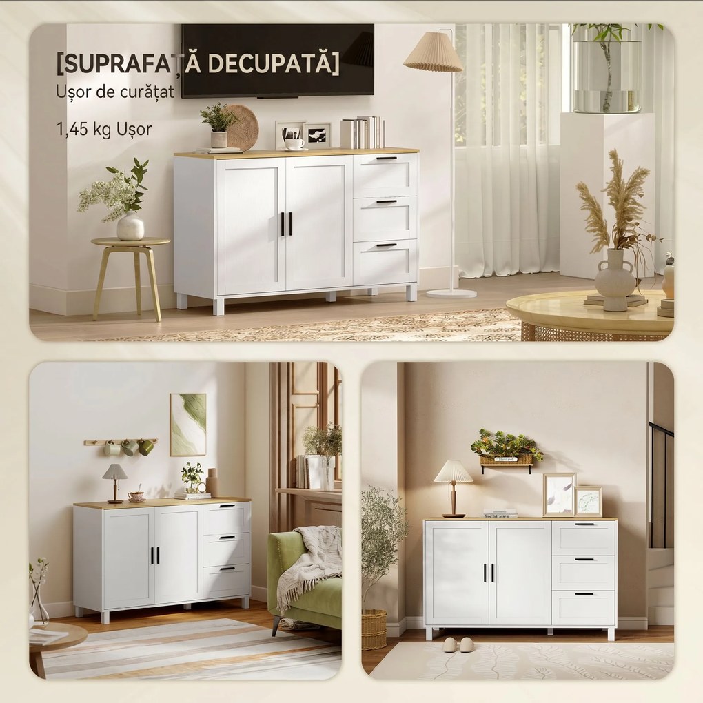 HOMCOM Mobilă de Bucătărie cu 3 Sertare și Dulap cu 2 Uși Amortizate Alb | Aosom Romania