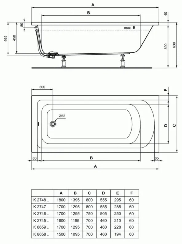 Cada dreptunghiulara Ideal Standard K865901 Hotline 170x70 cm