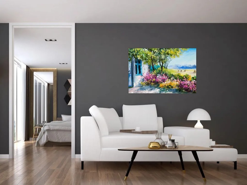 Tablou - Grădina din fața casei, pictură în ulei (90x60 cm)
