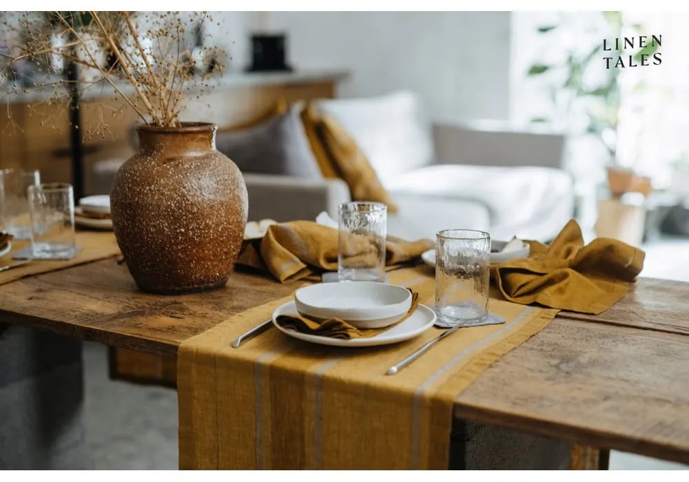 Napron de masă din in 200x200 cm Amber Bronze Stripes – Linen Tales
