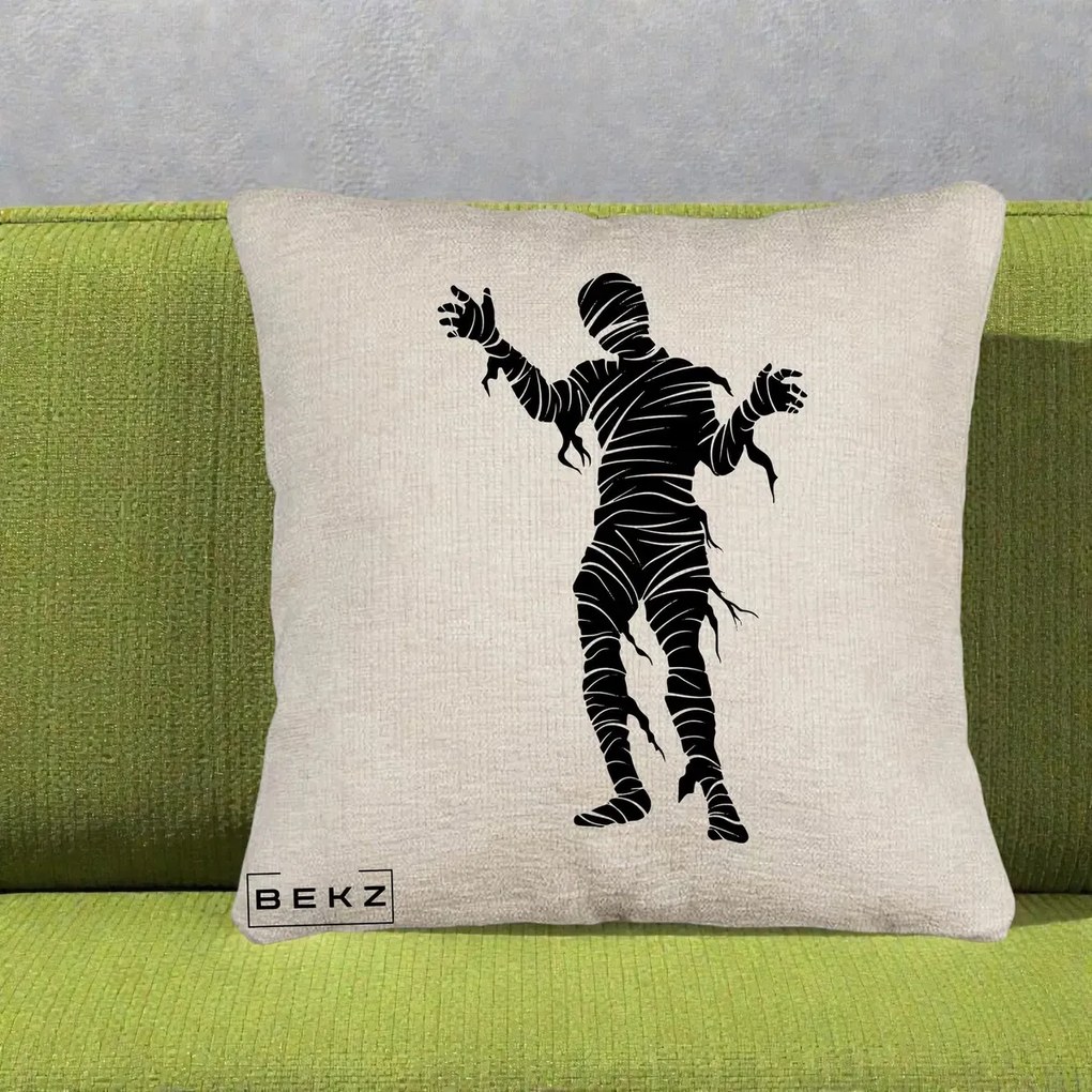 Perna Decorativa Mormii Infricosat Silueta Neagra Halloween, 40x40 cm, Bej Canapea, Husa Detasabila, Perna Inclusa, BEKZ®