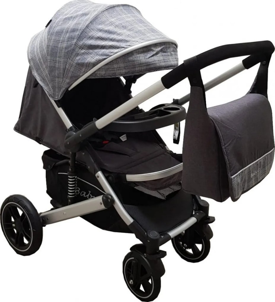 Carucior nou nascuti 2 in 1 BABY CARE™ PRO 512, Cu geanta bebe inclusa, Suspensii, Cadru aluminiu Silver, Plasa insecte, Gri cu Carouri