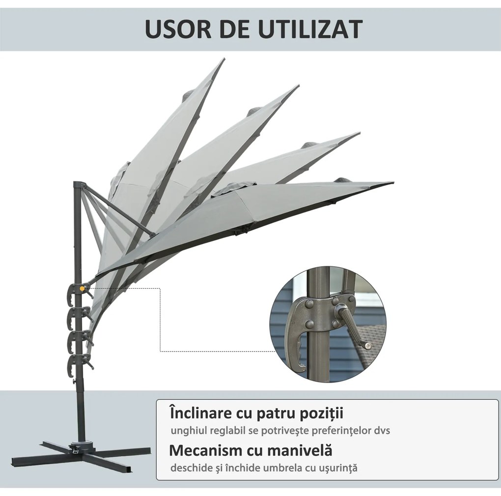 Outsunny Umbrel de Gradină cu Manivelă cu Înclinare Reglabilă, Umbrelă cu Braț și Stinghii, Ø2.95x2.5 m, Gri | Aosom Romania