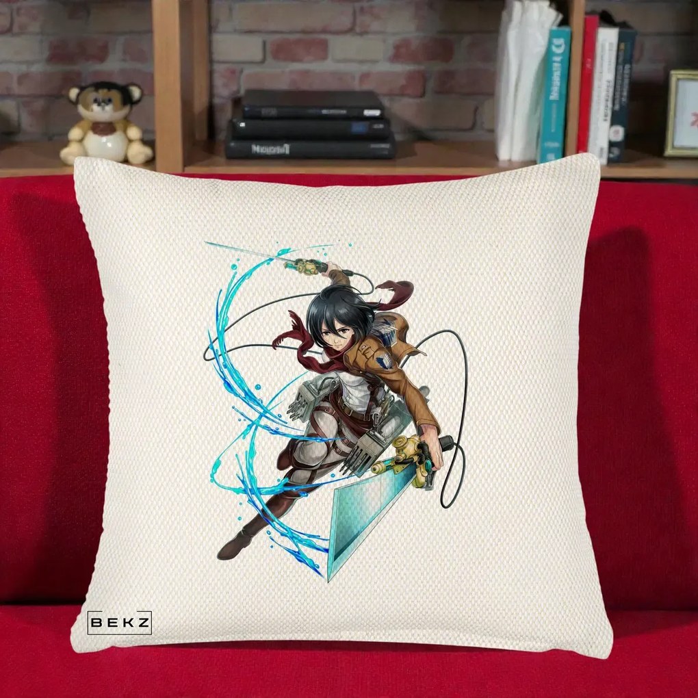 Perna Personalizata Attack on Titan Mikasa Ackerman Lupta, 40x40 cm, Crem Reliefat, Husa Detasabila, Perna Inclusa, BEKZ®