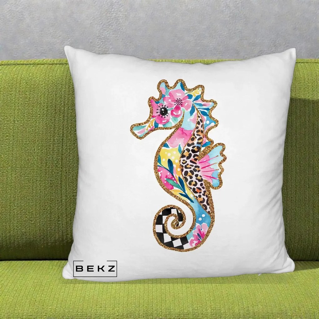 Perna Decorativa Calut de Mare Glitter Tropical, 40x40 cm, Alb Pufos, Husa Detasabila, Perna Inclusa, BEKZ®