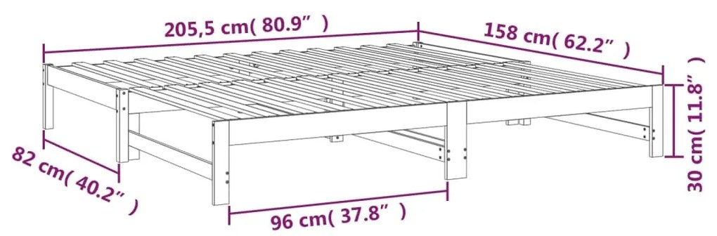 Pat de zi extensibil, alb, 2x(80x200) cm, lemn masiv de pin Alb, 205.5 x 158 x 30 cm