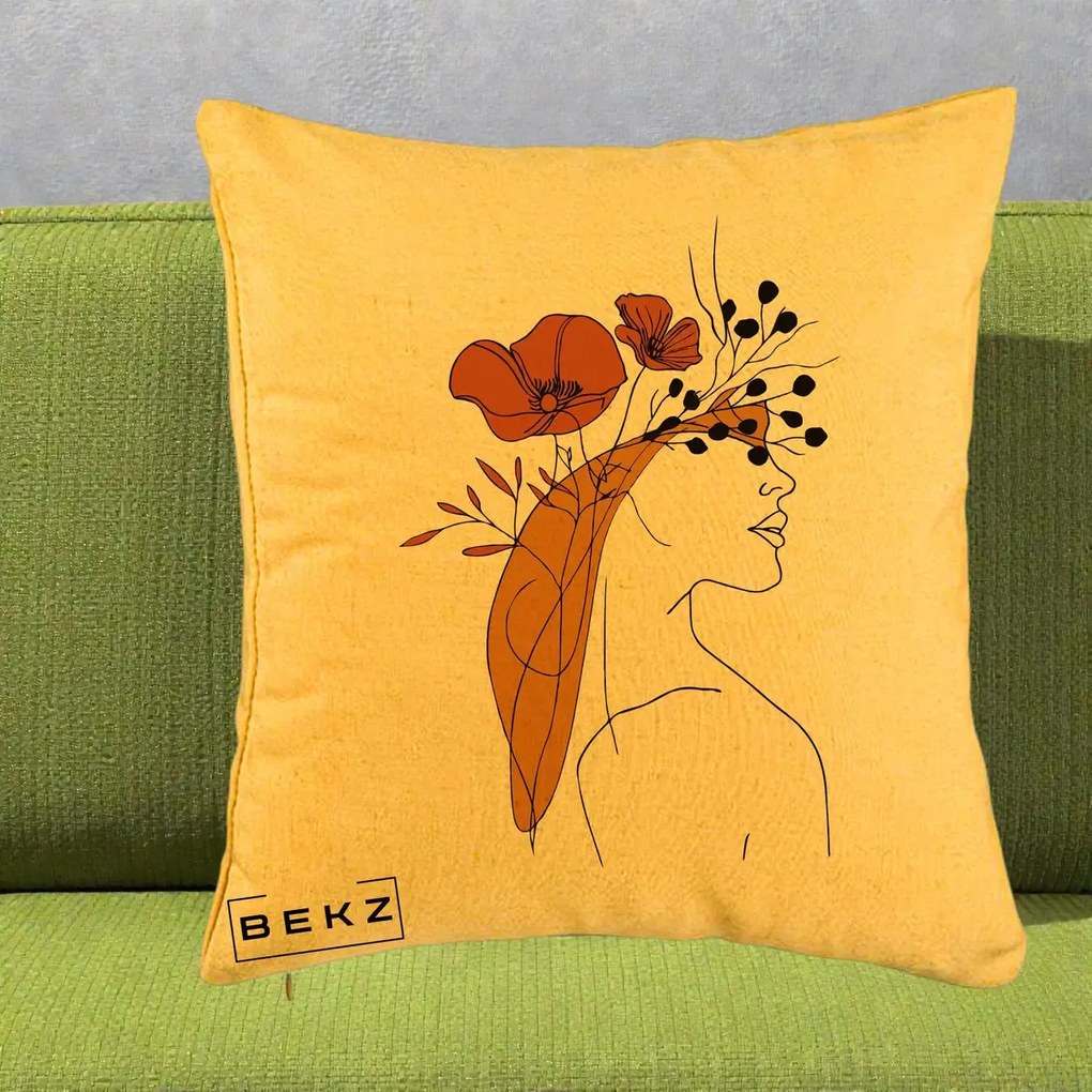 Perna Decorativa Portret Feminin Maci Rosii Auriu, 40x40 cm, Galben, Husa Detasabila, Perna Inclusa, BEKZ®