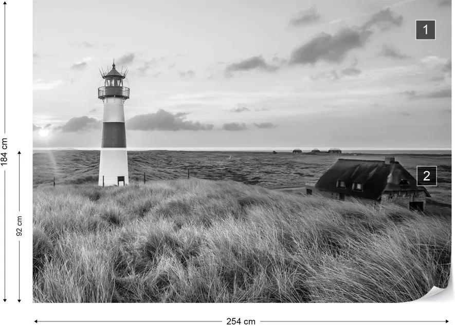 GLIX Fototapet - Black And White Coastal Dunes Lighthouse Vliesová tapeta  - 254x184 cm