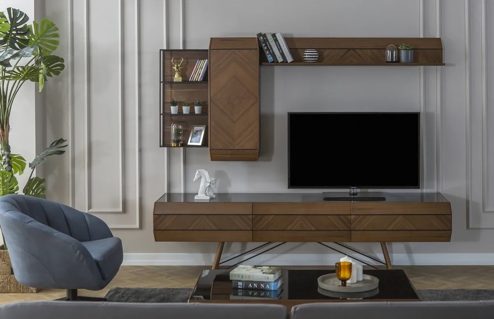 Set mobilier aden cu masa extensibila, comoda tv, cosola, etajera de perete cu polita si oglinda