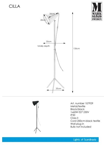 Markslöjd 107929 - Lampadar CILLA 1xE27/60W/230V