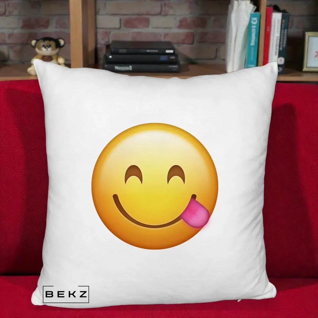Perna Decorativa Emoji Limba Scoasa, 40x40 cm, Alb Pufos, Husa Detasabila, Perna Inclusa, BEKZ®