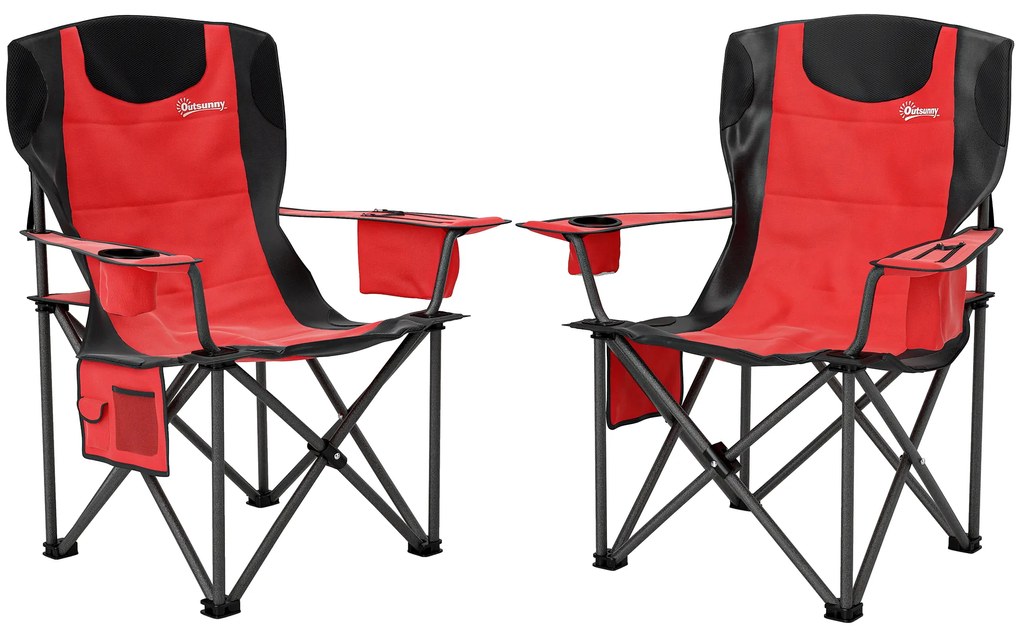 Outsunny Set 2 Scaune de Camping Pliabile cu Geantă Frigorifică, Suport pentru Pahare și Tetieră, 94x62x100 cm, Roșu | Aosom Romania