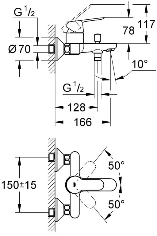 Pachet: Baterie cada/dus Grohe Bau Edge -23334000+Set dus Grohe New Tempesta 100-27799003.
