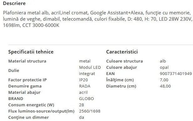 Plafoniera LED dimabila cu telecomanda RADA 28W