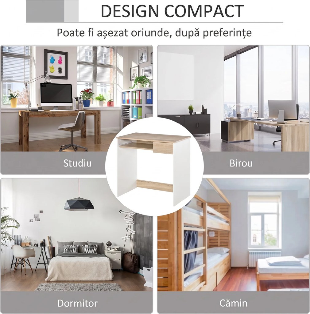 HOMCOM Birou pentru Dormitor, PC din Lemn, Blat Tastatură, Design Compact, Alb și Stejar, Ideal pentru Spații Mici | Aosom Romania