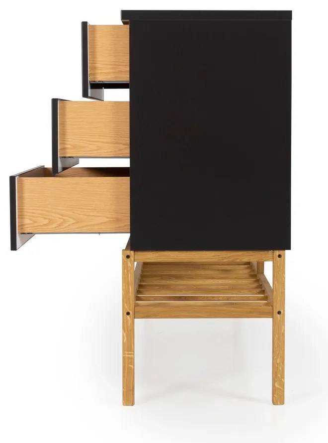 Dulap cu 2 uși și 3 sertare și picioare din lemn de stejar Tenzo Scoop, lățime 176 cm, negru