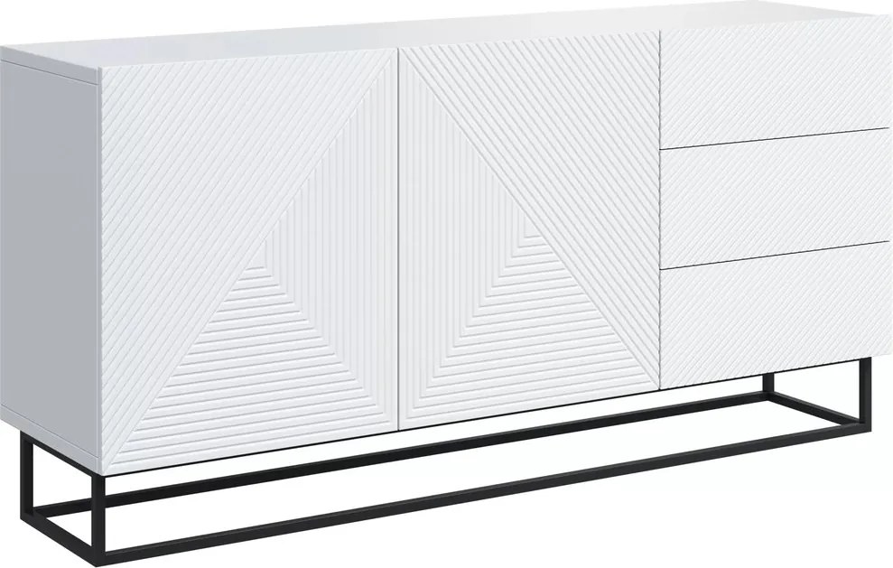 Comodă Asha 167 cm cu două uși și sertare - alb mat / cadru negru