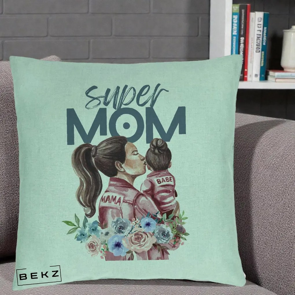 Cadou pentru Mama - Perna Personalizata Super Mom Mama cu Bebelusul, 40x40 cm, Verde Menta, Husa Detasabila, Perna Inclusa, BEKZ®