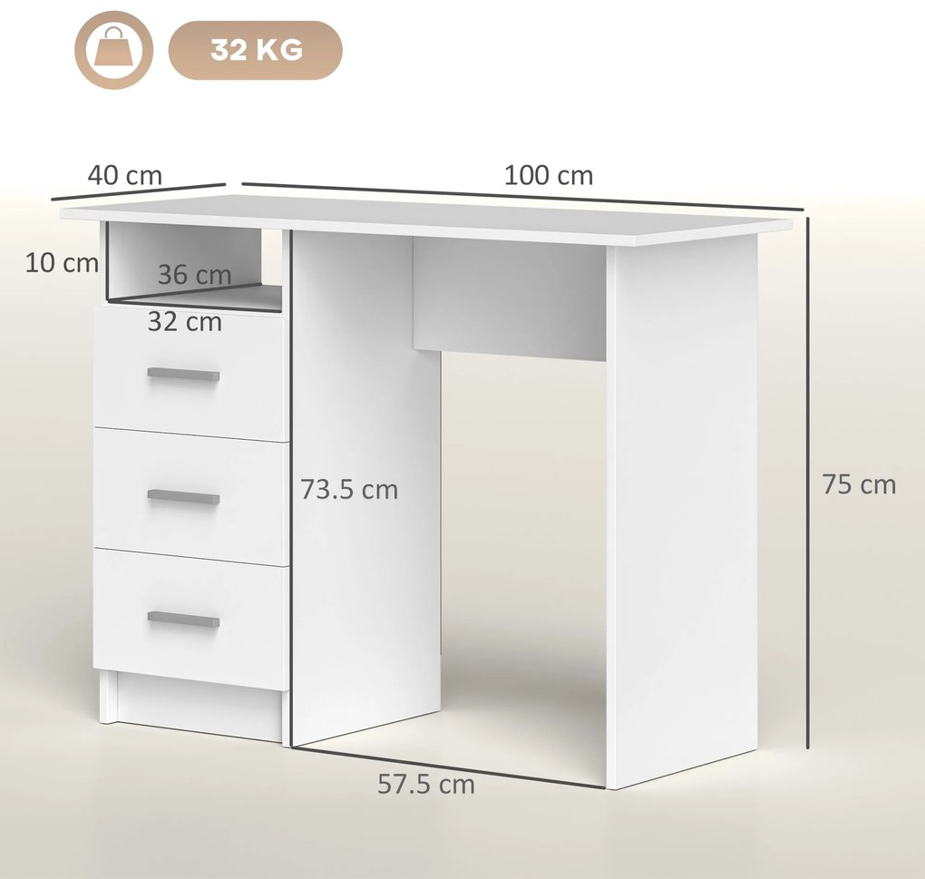 HOMCOM Birou pentru Calculator cu 3 Sertare și Spațiu de Depozitare, 100x40x75 cm, Alb | Aosom Romania