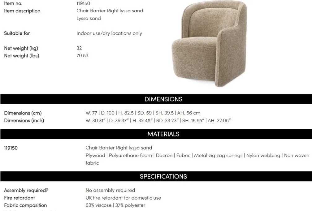 Fotoliu LUX cu design modern Barrier Right, Lyssa sand