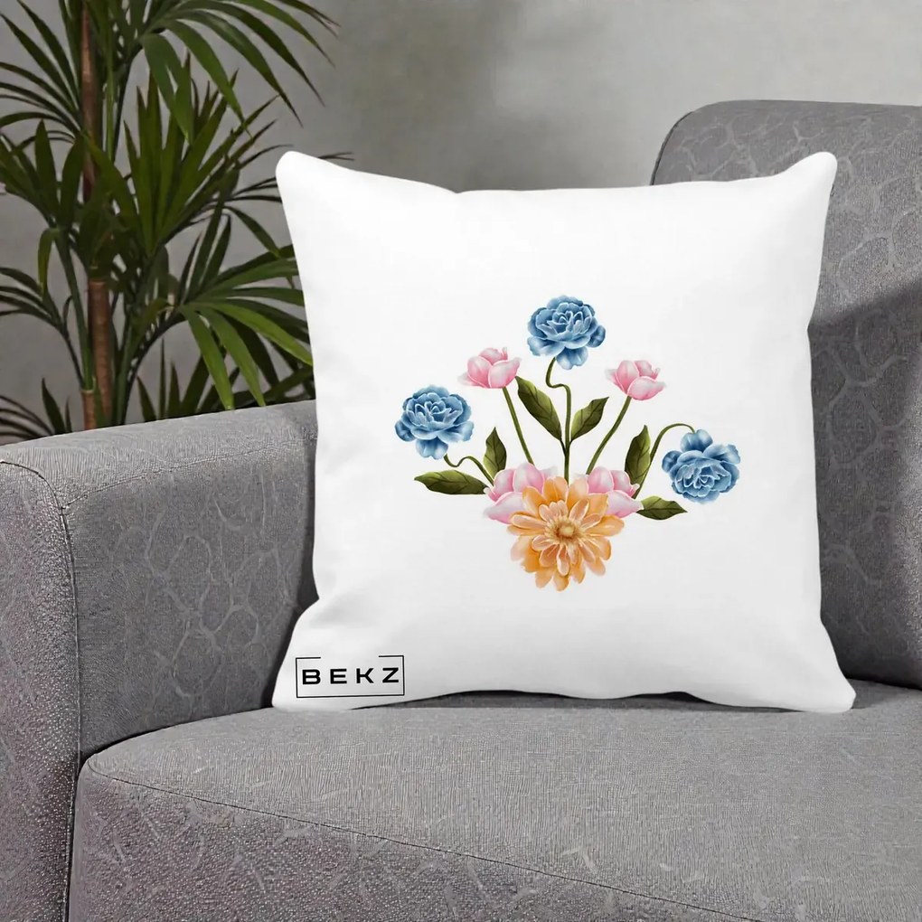 Perna Decorativa Buchet Primavara Acuarela, 40x40 cm, Alba Mata, Husa Detasabila, Perna Inclusa, BEKZ®