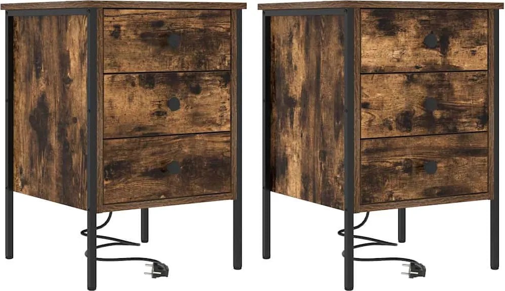 vidaXL Dulap de noapte cu sertar 2 pcs Stejar fumuriu 42 x 41 x 61 cm