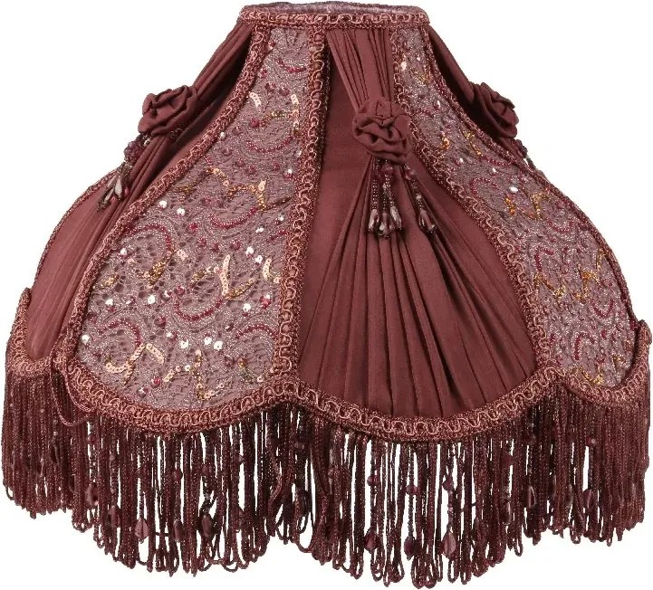 Abajur victorian din tafta, șifon și catifea, roșu, cu broderie cu mărgele, ciucuri și franjuri, 20 x 35 cm, „Pourpre”