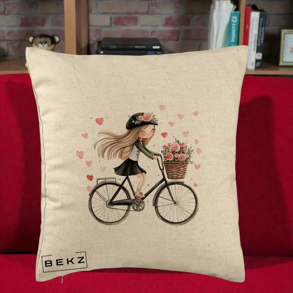 Perna Decorativa Fetita Kawaii pe Bicicleta cu Trandafiri si Inimioare, 40x40 cm, Bej, Husa Detasabila, Perna Inclusa, BEKZ®