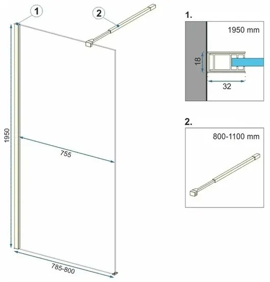 Paravan de dus tip Walk-in Rea Aero 80x195 cm si etajera cu suport negru