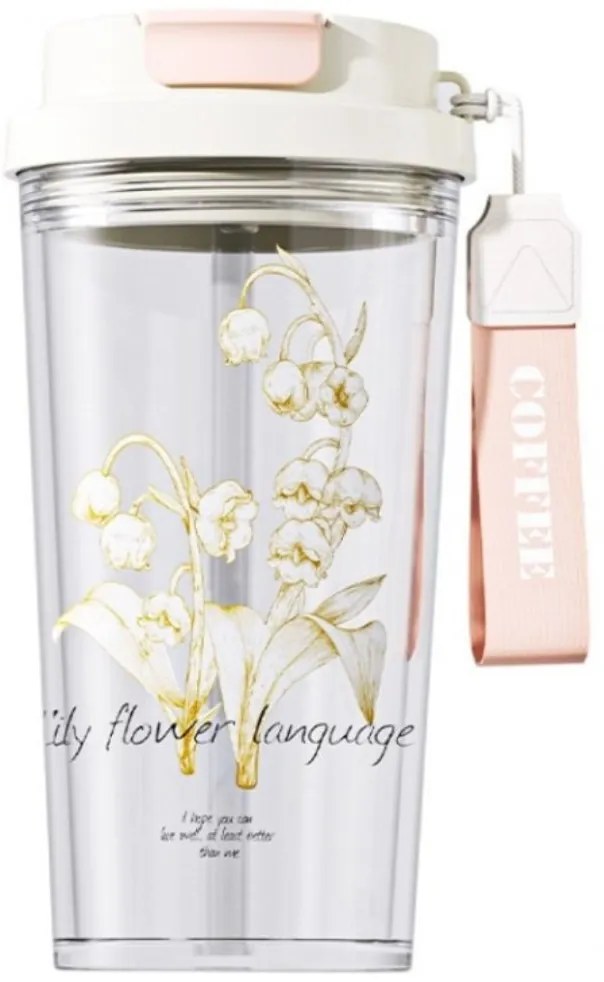 Pahar din sticlă , cu capac și pai, imprimeu floral, 550 ml, eCarla, BD29
