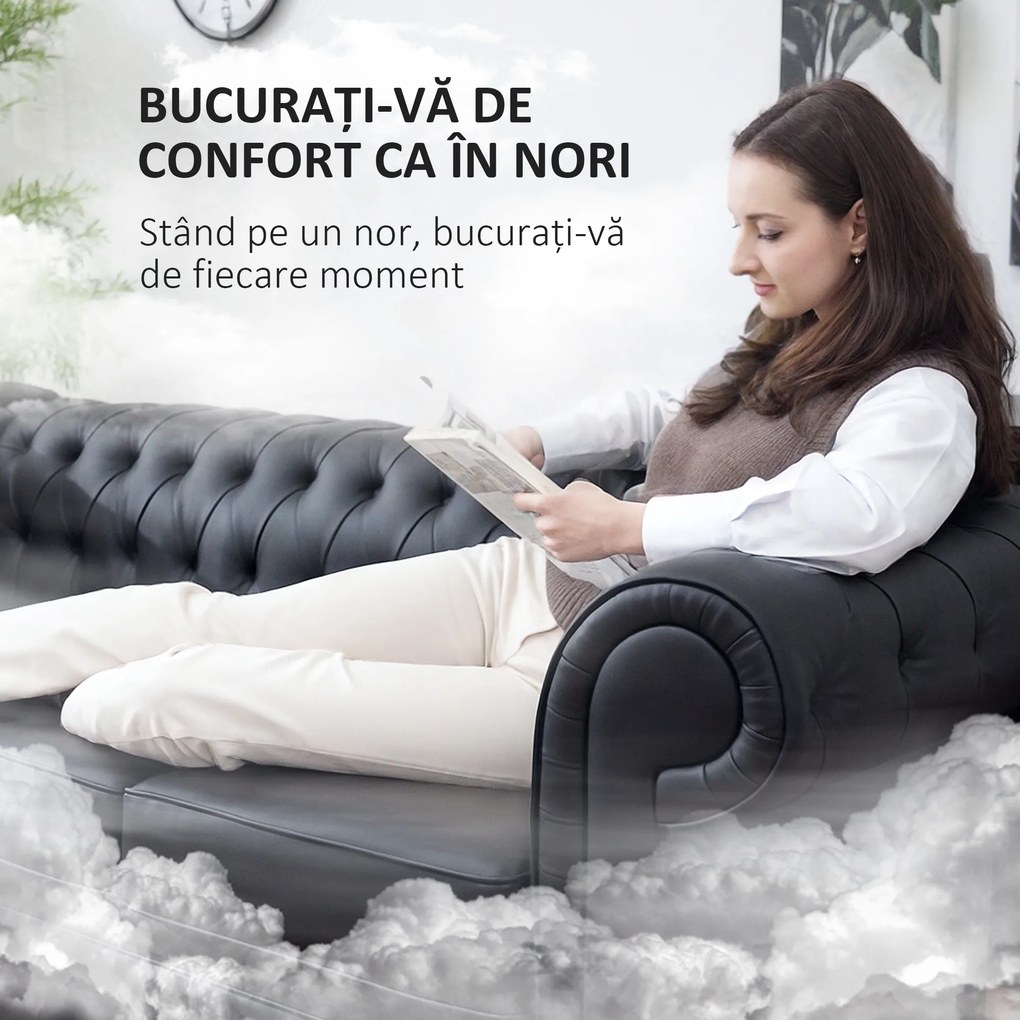 HOMCOM Canapea cu 3 Locuri, Brațe și Tapițerie Groasă, 213x86x79 cm, Negru | Aosom Romania