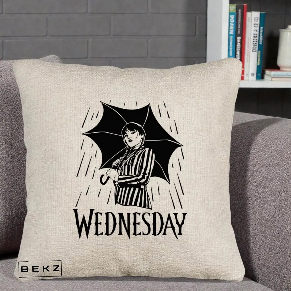 Perna Personalizata Wednesday cu Umbrela Ploaie Lineart, 40x40 cm, Bej Canapea, Husa Detasabila, Perna Inclusa, BEKZ®